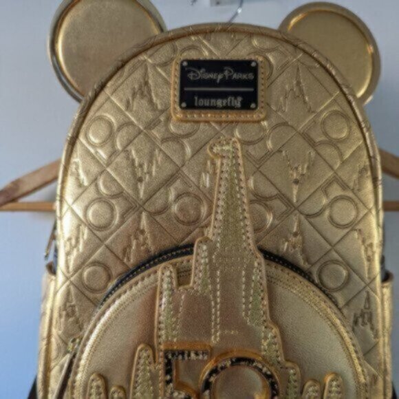 Loungefly Disney World 50th Anniversary Genuine Leather Gold Mini Backpa… - Picture 4 of 15